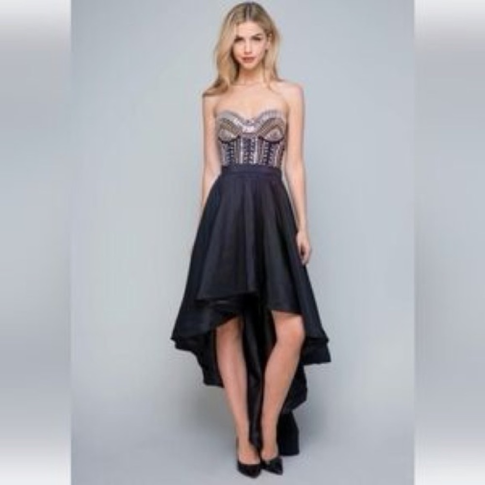 bebe Black and Silver Strapless High Low Dress studded beaded Size 0